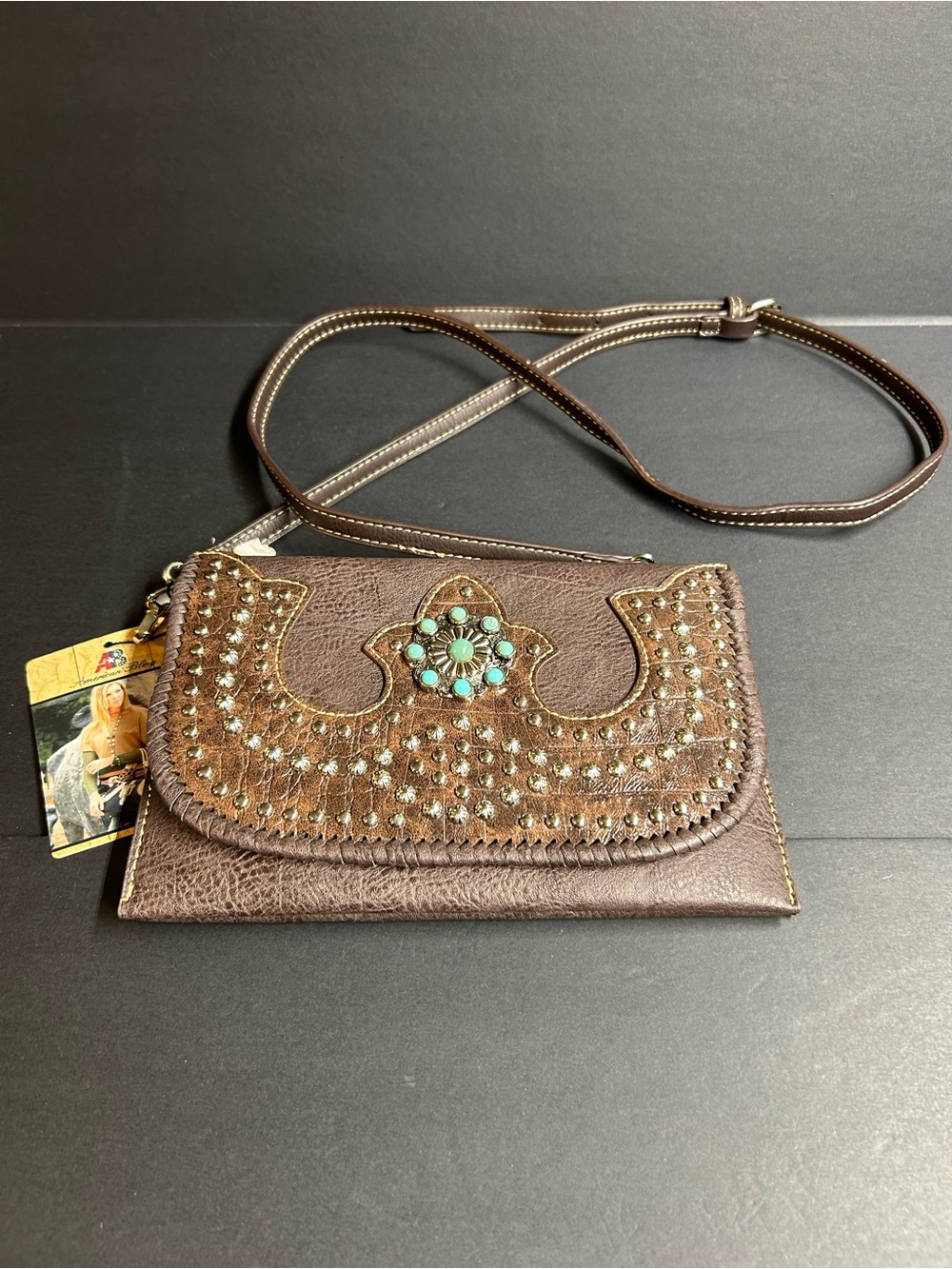 NWT American Bling Brown Studded Crossbody Bag with Turquoise Accent